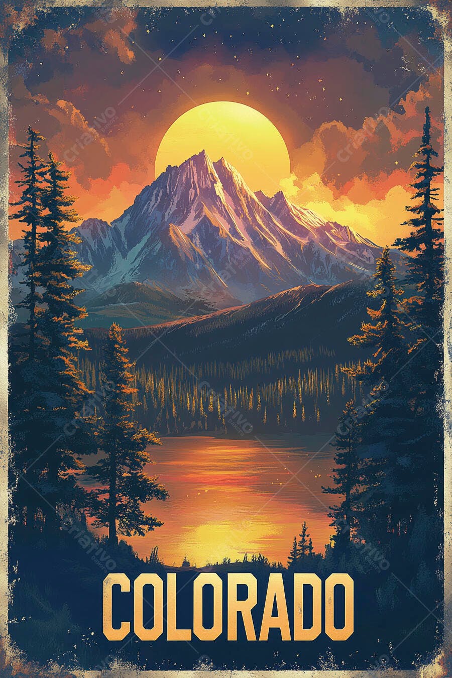 Montanha com lago e floresta sob pôr do sol laranja Colorado