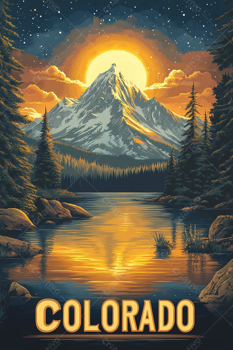 Pôster Colorado Montanhas Lago Pinheiros Pôr do Sol Ilustração
