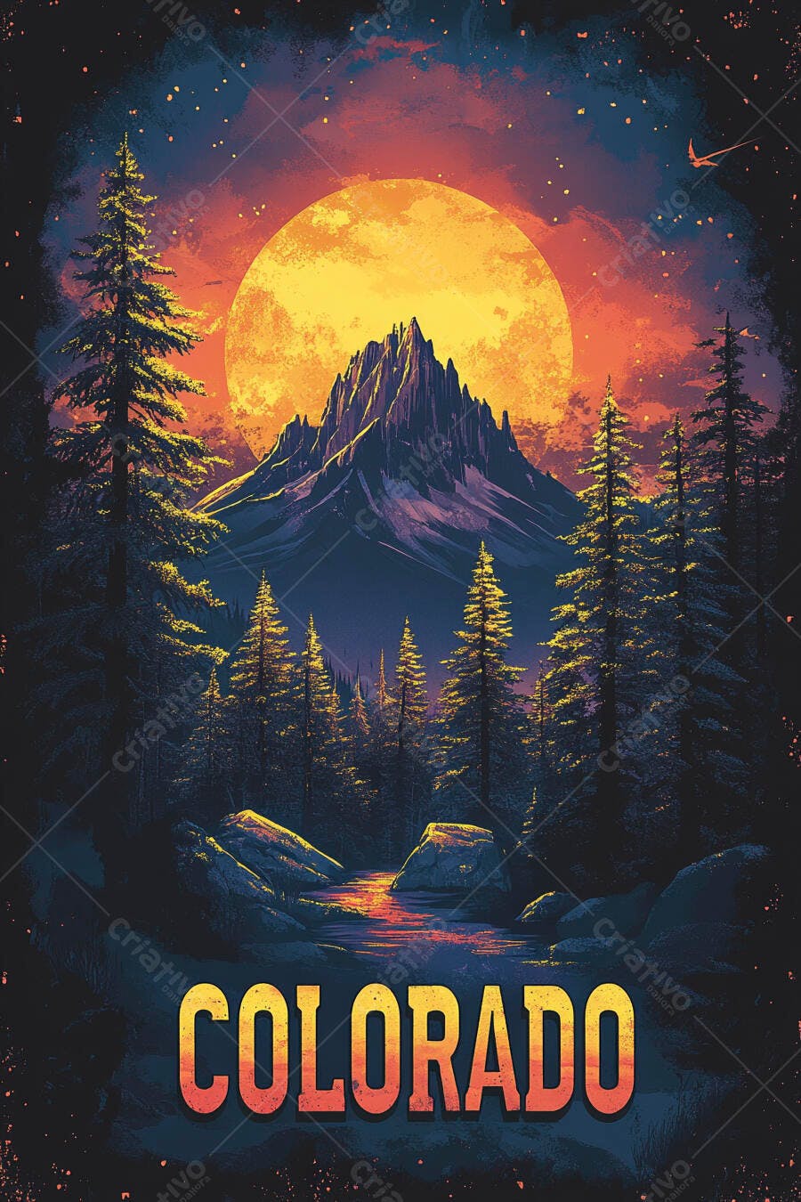 Ilustração Montanha Colorado Lua Cheia Floresta Noturna