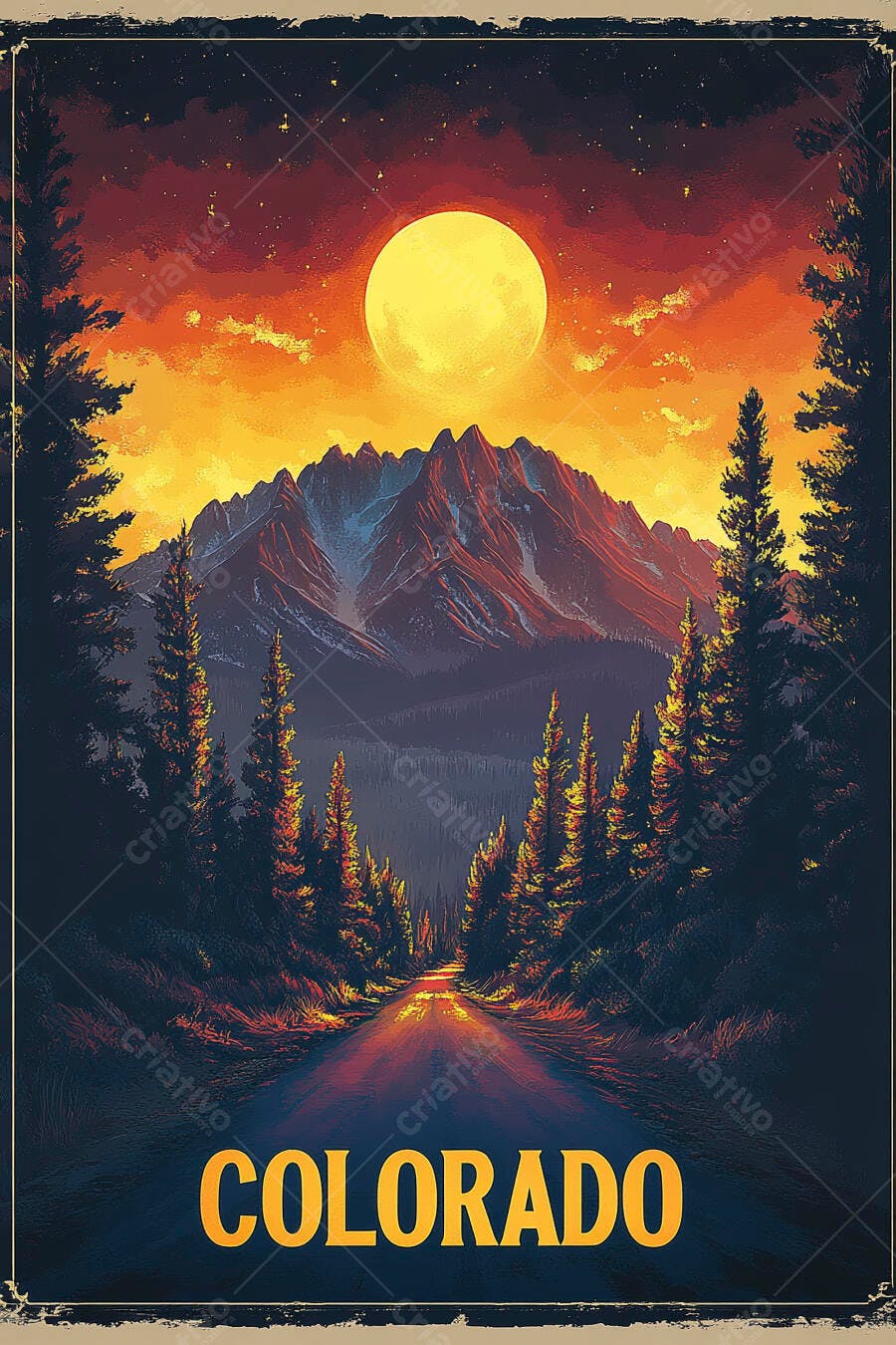 Pôster vintage Colorado montanhas floresta e lua cheia laranja