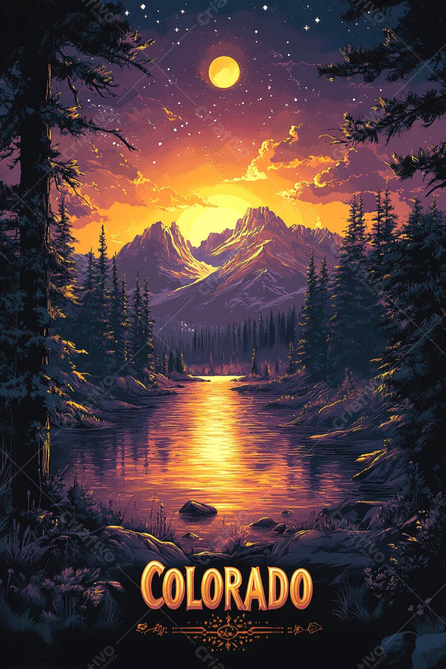 Montanhas floresta e lago dourado Colorado ao pôr do sol com lua e estrelas