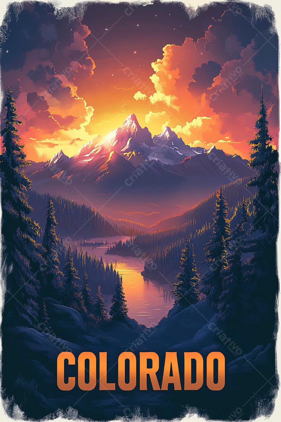 Colorado pôster montanhas rochosas rio floresta pinheiros pôr do sol vibrante