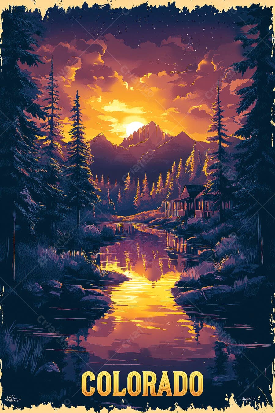 Paisagem do Colorado pôr do sol dramático com rio floresta e cabana rústica