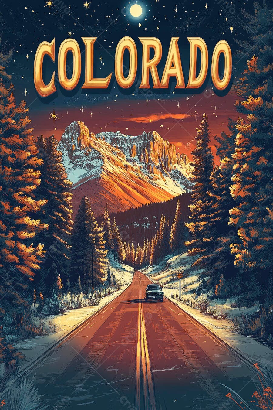 Colorado paisagem montanhosa nevada com estrada e carro noite estrelada