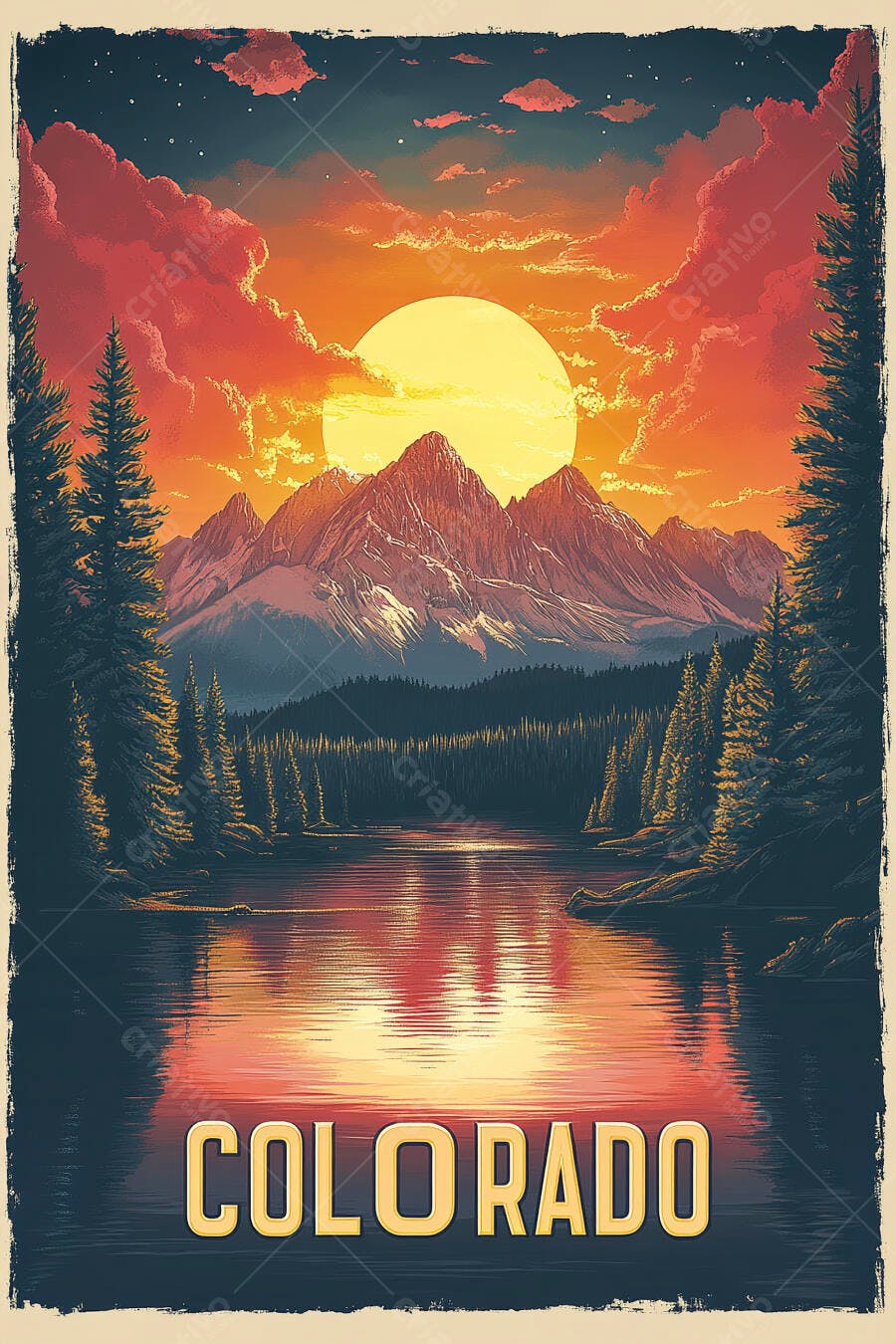Paisagem montanhosa do Colorado com lago e pinheiros ao pôr do sol vibrante estilo pôster