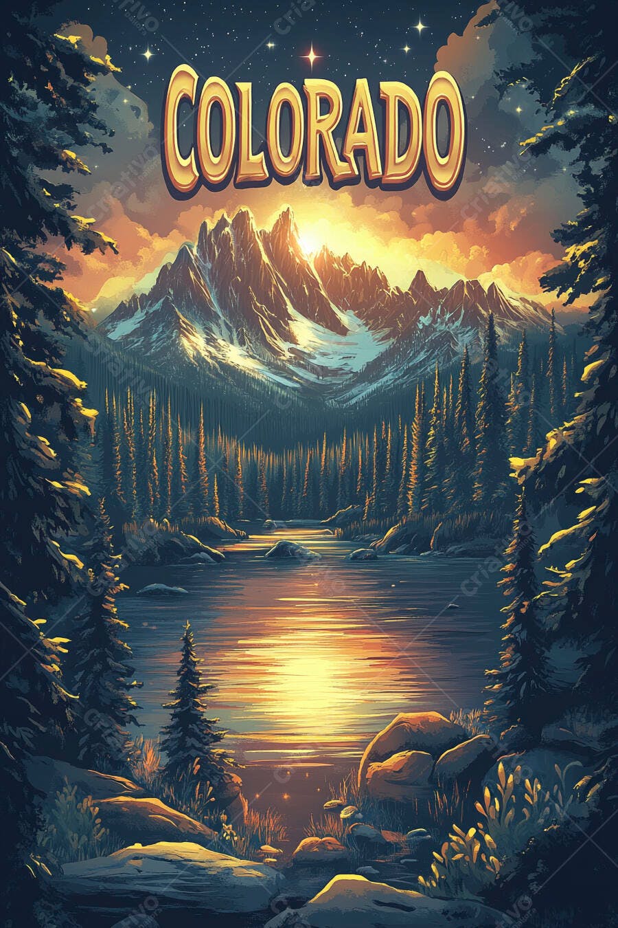 Colorado ilustração paisagem montanhas nevadas lago floresta pinheiros entardecer dourado