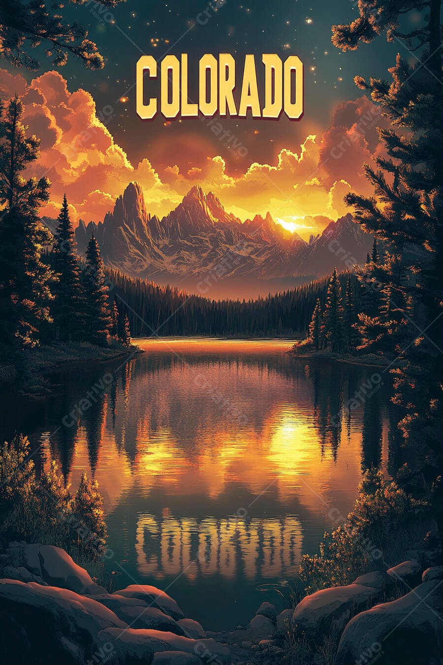 Colorado paisagem montanhas e lago com pôr do sol laranja dourado