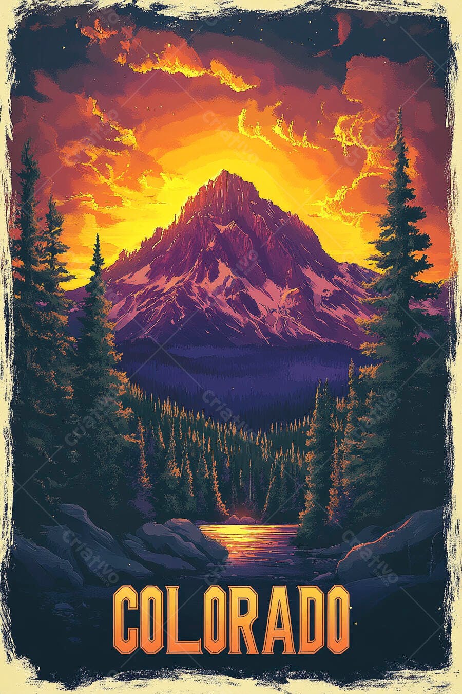 Montanha rochosa Colorado ao pôr do sol intenso com floresta de pinheiros e lago