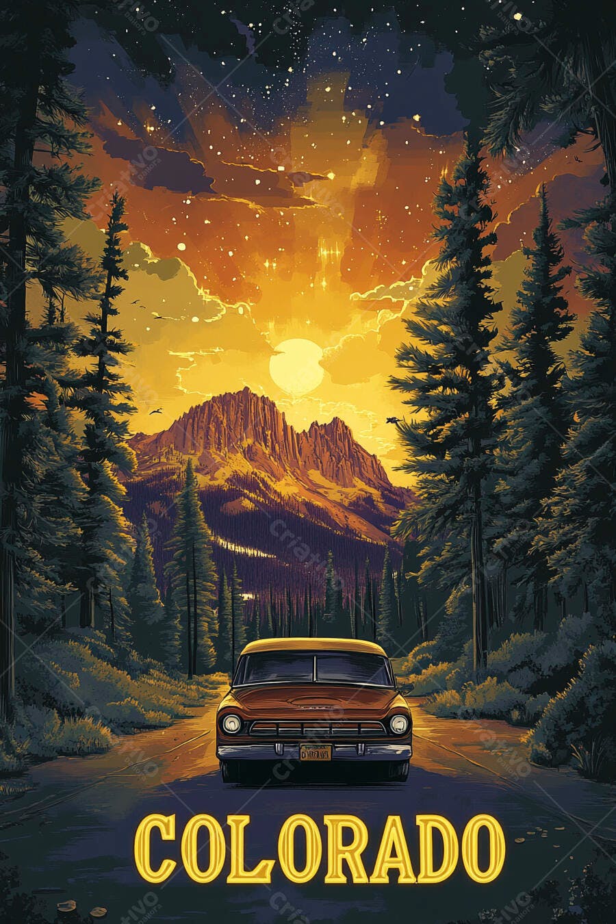 Carro vintage marrom na estrada do Colorado com montanhas e pôr do sol estrelado