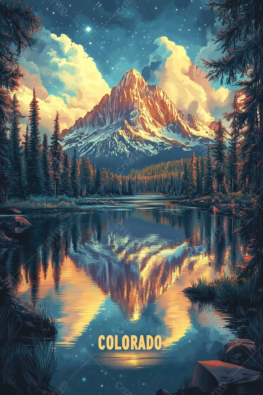 Montanha nevada refletida em lago azul sob céu estrelado Colorado