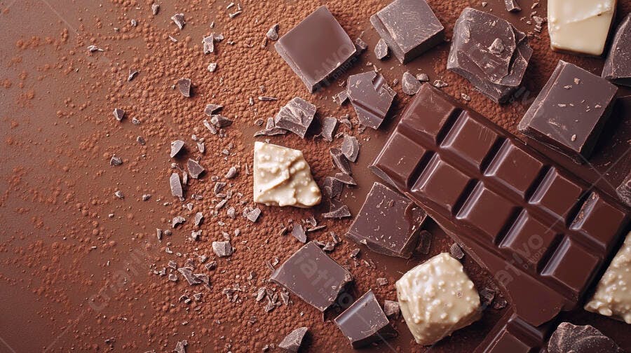 Barra de chocolate escuro com pedaços e chocolate branco sobre fundo de cacau