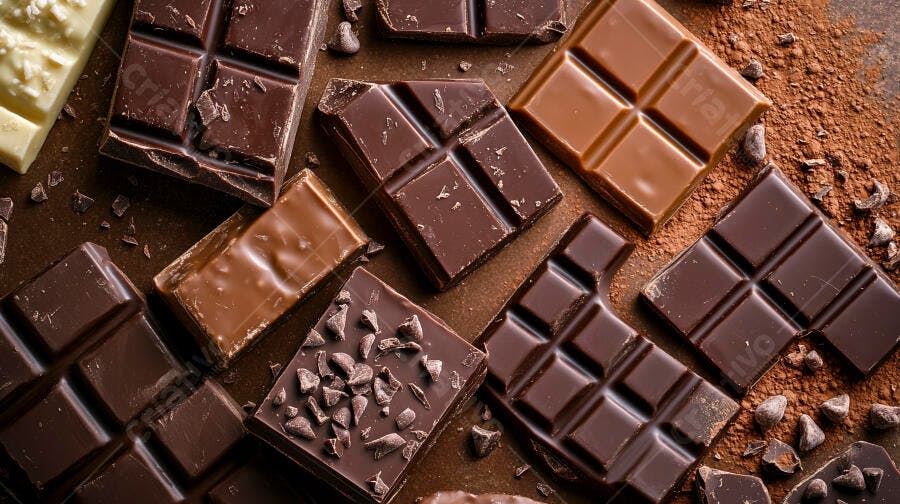 Barras de chocolate escuro ao leite e branco com cacau em pó