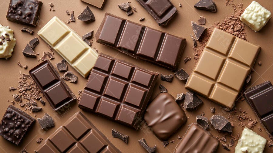 Barras de chocolate escuras ao leite e brancas com pedaços e pó de cacau em fundo marrom