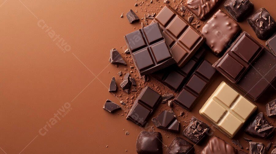 Barras e pedaços de chocolate escuro ao leite e branco com cacau em pó