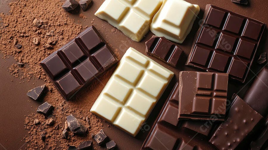 Barras de chocolate escuro leite e branco com cacau em pó