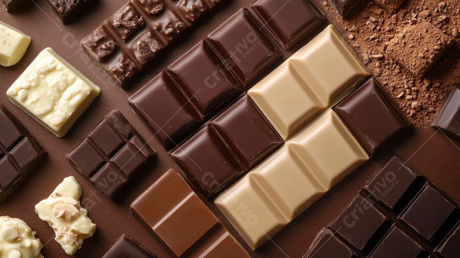 Chocolates variados barras e pedaços de chocolate escuro branco e ao leite