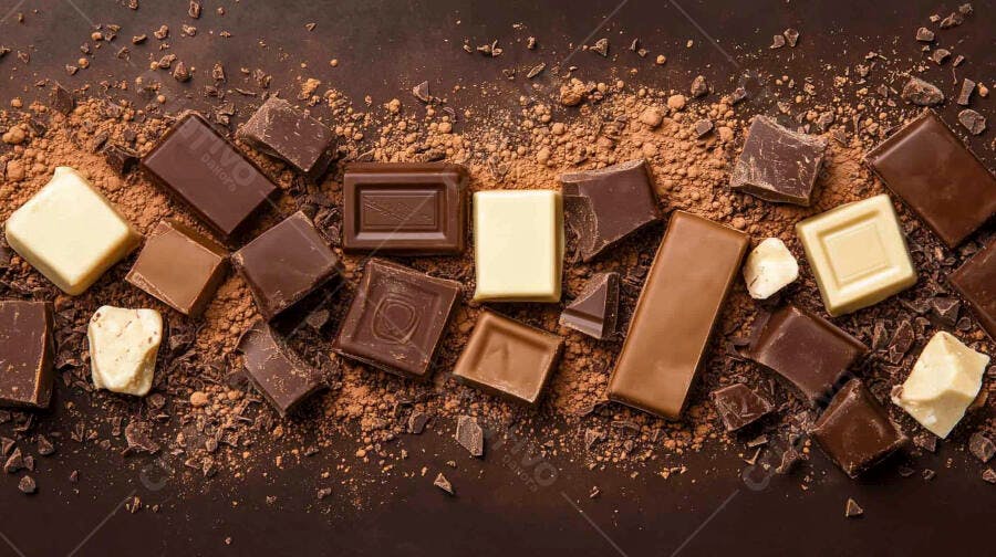 Pedaços de chocolate amargo ao leite e branco com cacau em pó sobre mesa escura