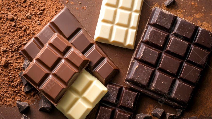 Barras de chocolate ao leite branco e amargo com pó de cacau sobre fundo marrom