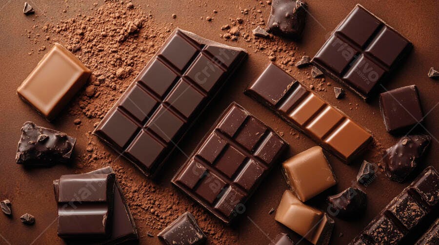 Barras de chocolate ao leite e amargo com pedaços e cacau em pó em fundo rico