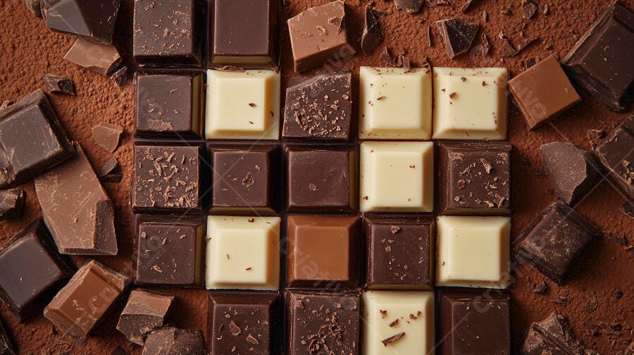 Chocolates sortidos escuro ao leite branco em grade sobre cacau em pó
