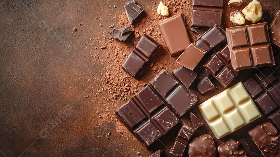 Chocolates variados com cacau em pó e nozes em close-up