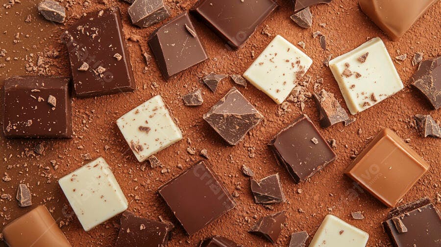 Chocolates escuro ao leite e branco em pó de cacau para sobremesa