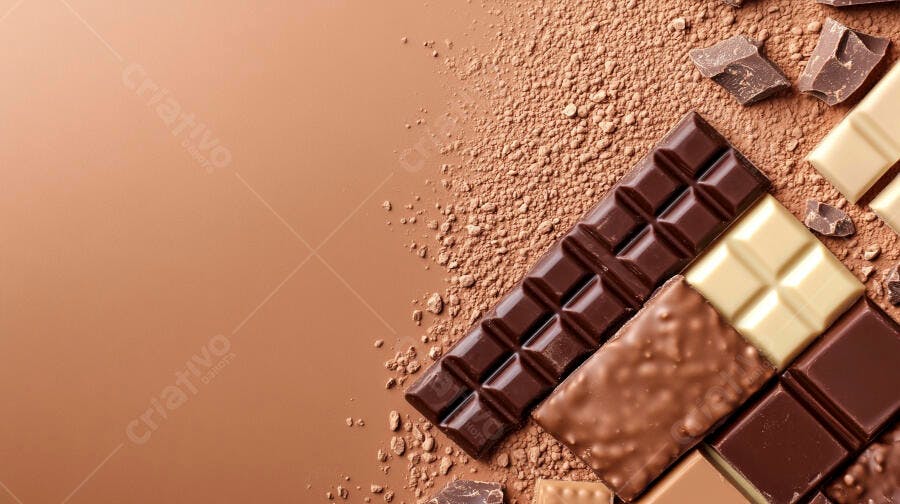 Barras de chocolate ao leite amargo e branco com cacau em pó fundo marrom