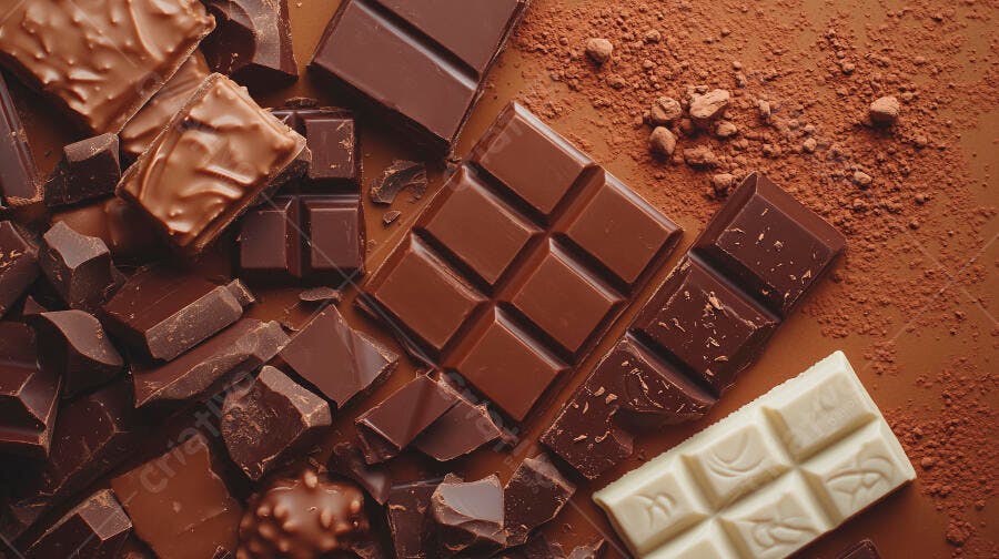 Chocolate sortido barra pedaços e cacau em pó fundo marrom