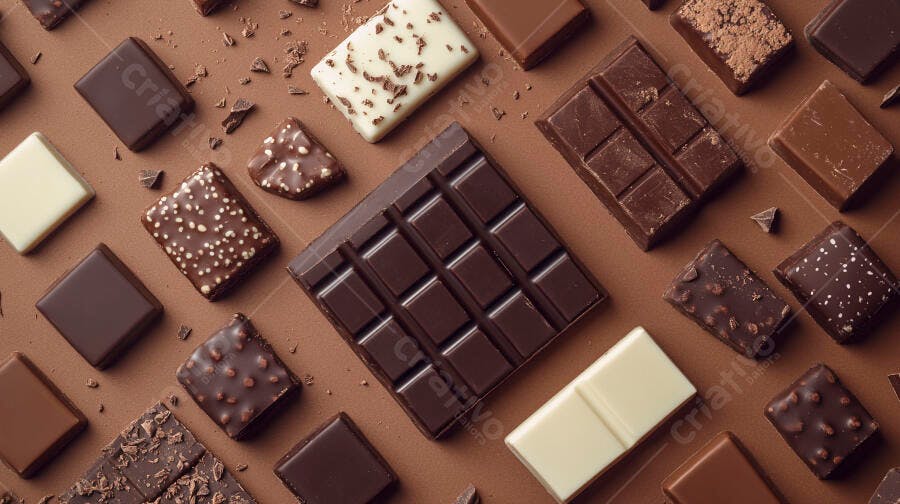 Chocolates sortidos branco ao leite e amargo em fundo marrom claro