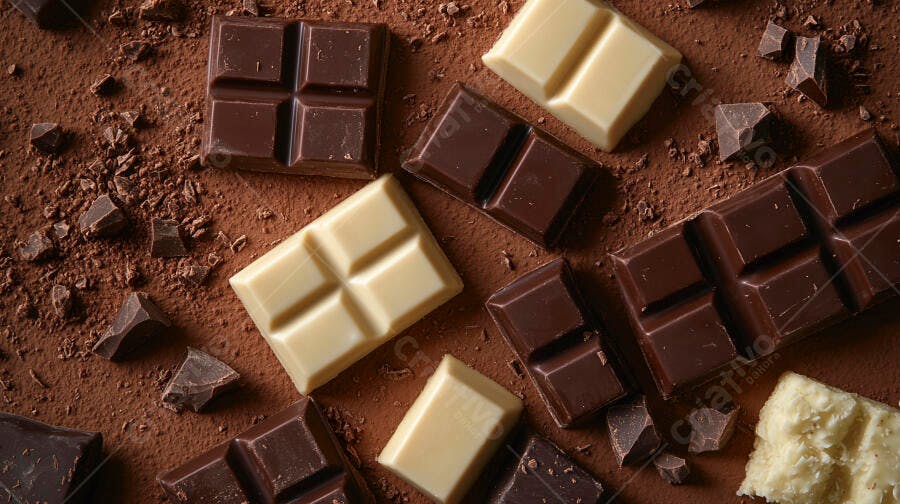 Barras de chocolate branco e amargo com pedaços sobre cacau em pó