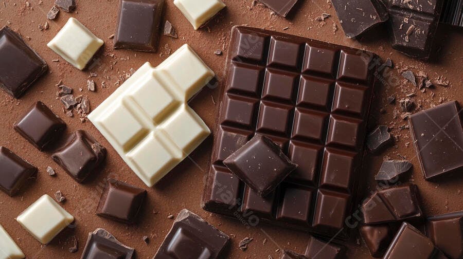 Barras e pedaços de chocolate amargo e branco em fundo de cacau