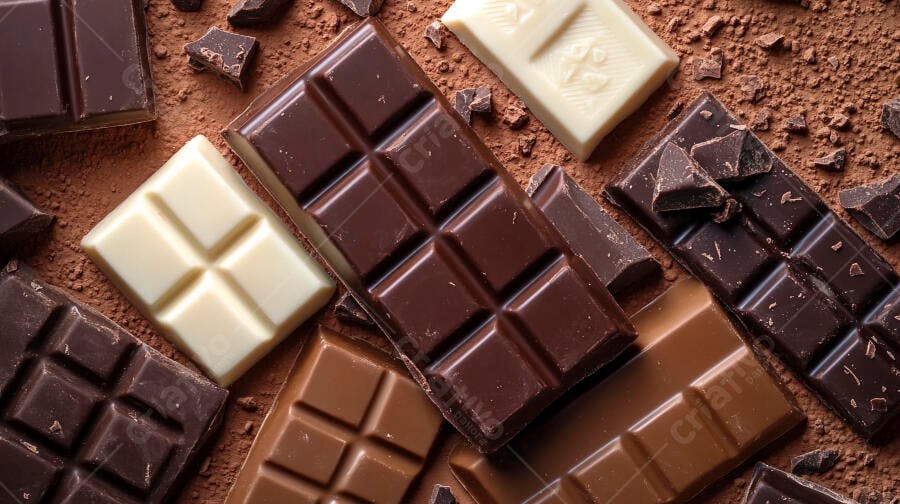 Barras de chocolate amargo ao leite e branco sobre cacau em pó
