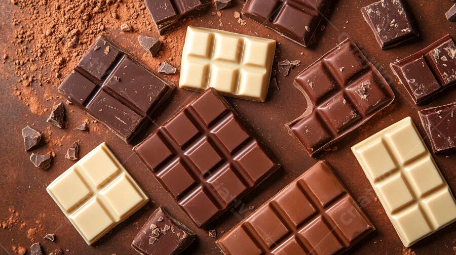 Barras de chocolate escuro ao leite e branco com cacau em pó
