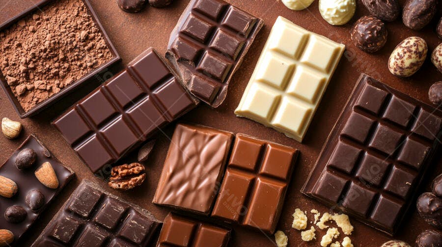 Barras de chocolate diversas com cacau e nozes em tons de marrom