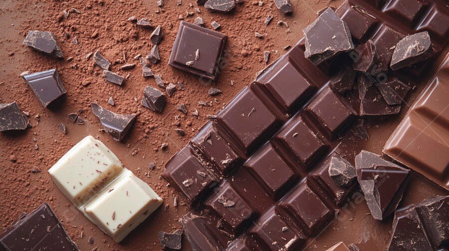 Chocolate escuro e branco com pedaços e cacau em pó closeup