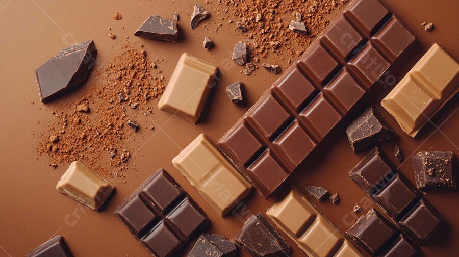 Barras de chocolate ao leite e amargo com cacau em pó fundo marrom