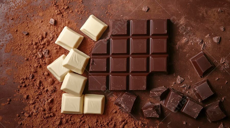 Chocolate meio amargo e branco com cacau em pó vista superior