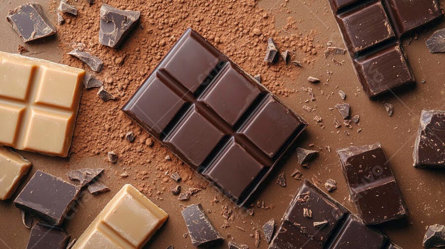 Chocolate meio amargo e ao leite com cacau em pó fundo marrom escuro