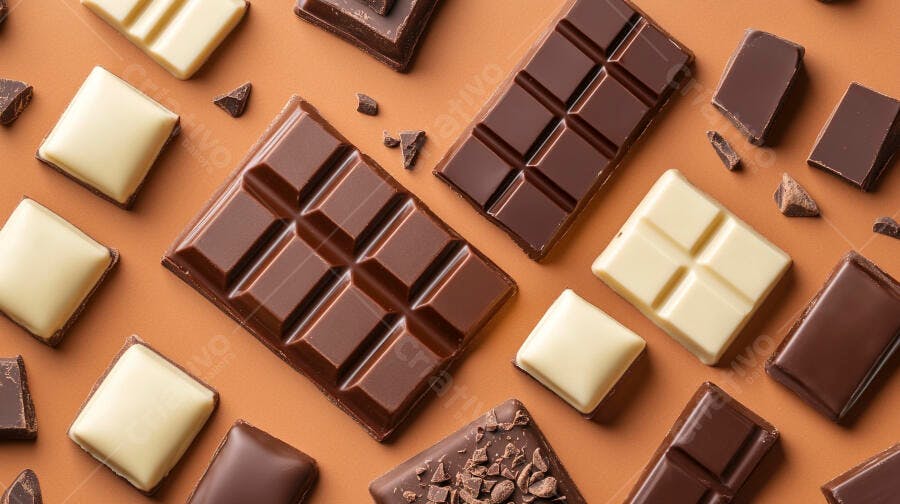 Barras e pedaços de chocolate ao leite e branco em fundo marrom