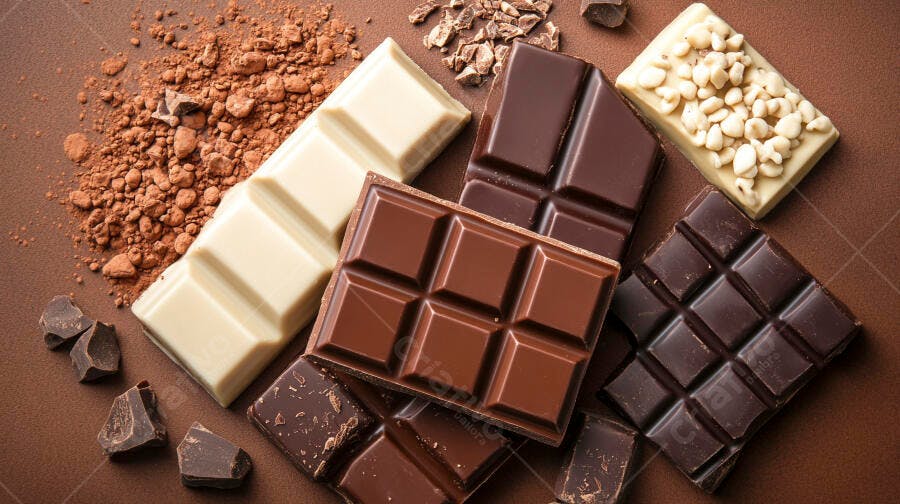 Barras de chocolate ao leite amargo e branco com cacau em pó e lascas