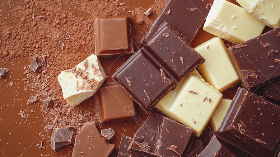Pedaços de chocolate meio amargo ao leite e branco com cacau em pó