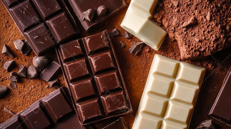 Chocolate amargo e branco com cacau em pó e raspas vista superior