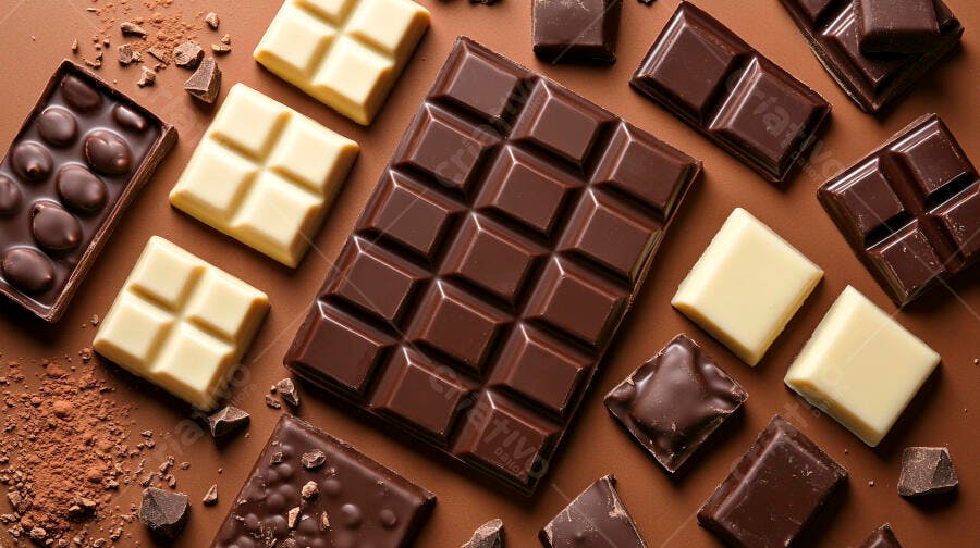 Barras de chocolate ao leite branco e amargo com pedaços espalhados