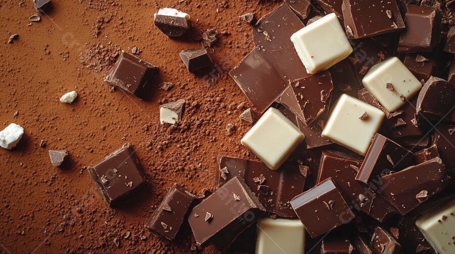 Chocolate amargo e branco com pó de cacau sobre fundo marrom