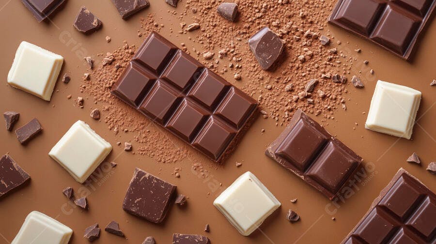 Barras e pedaços de chocolate escuro ao leite e branco com cacau em pó espalhado