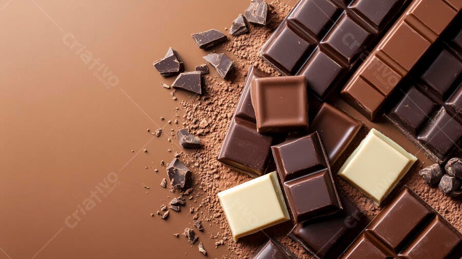 Chocolate amargo ao leite e branco em barras pedaços e cacau em pó sobre fundo marrom