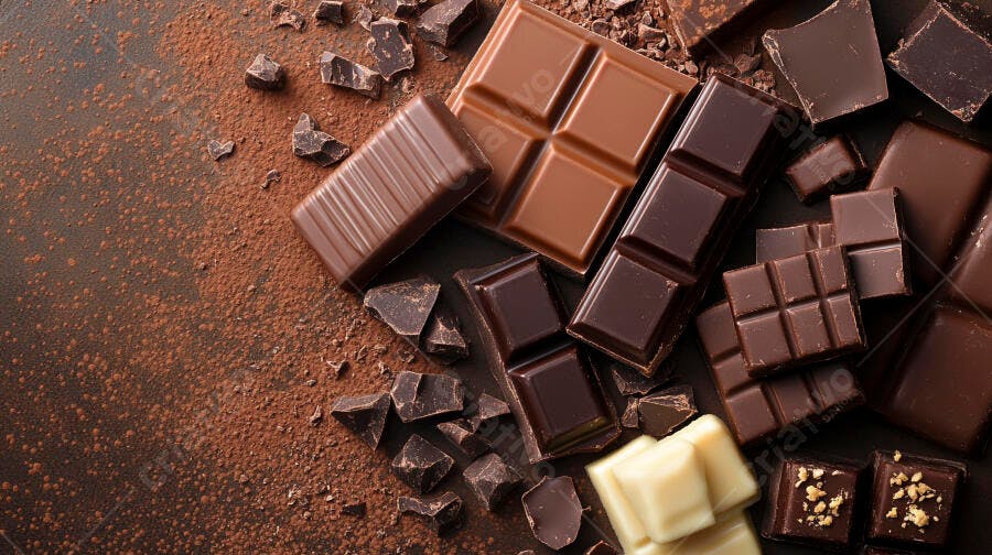 Variedade de chocolates pedaços barra e pó de cacau vista superior
