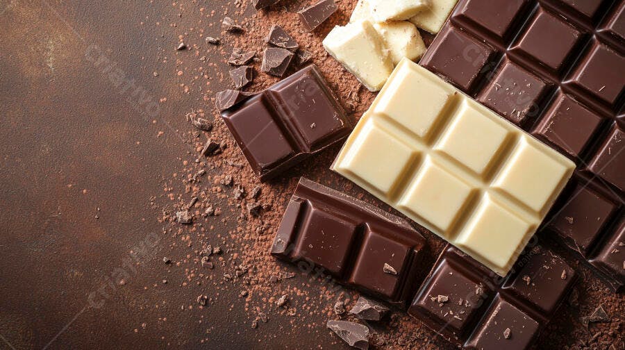 Barras de chocolate ao leite e branco com cacau em pó e pedaços