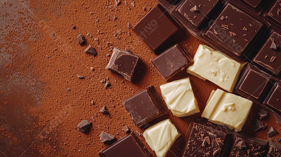 Chocolate meio amargo e branco com cacau em pó e raspas vista de cima