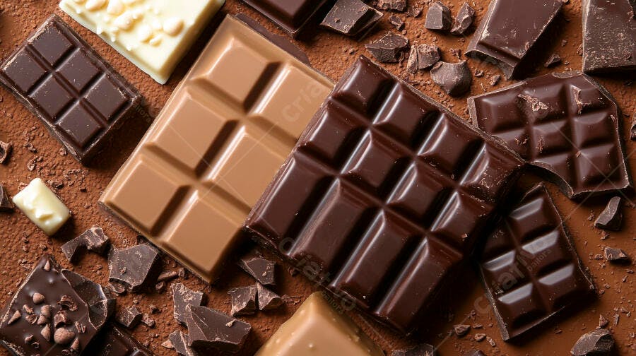 Barras e pedaços de chocolate escuro ao leite e branco com cacau em pó